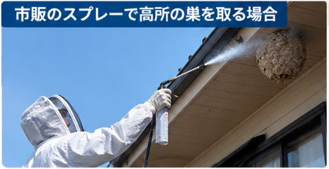 高所の巣を伸縮ノズルで処理する様子